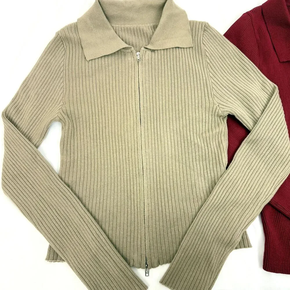 SHEIN Lot of Two Ribbed Sweaters L Slim Fit Polo Tops Zip Gray Red NWT B41